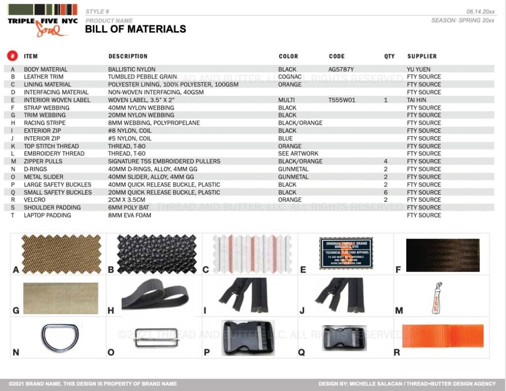 Bill of Materials with Images Tech Pack